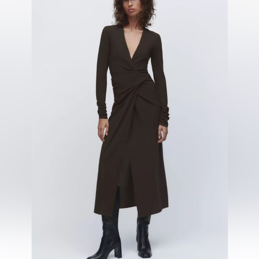 NWT Zara wool blend gathered dress with long sleeves. Dark olive/brown. Small